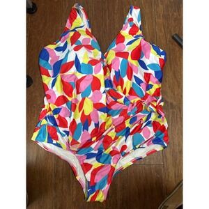 ModCloth Bold Abstract Leaf Print Plunging Neckline One Piece Swimsuit 2X